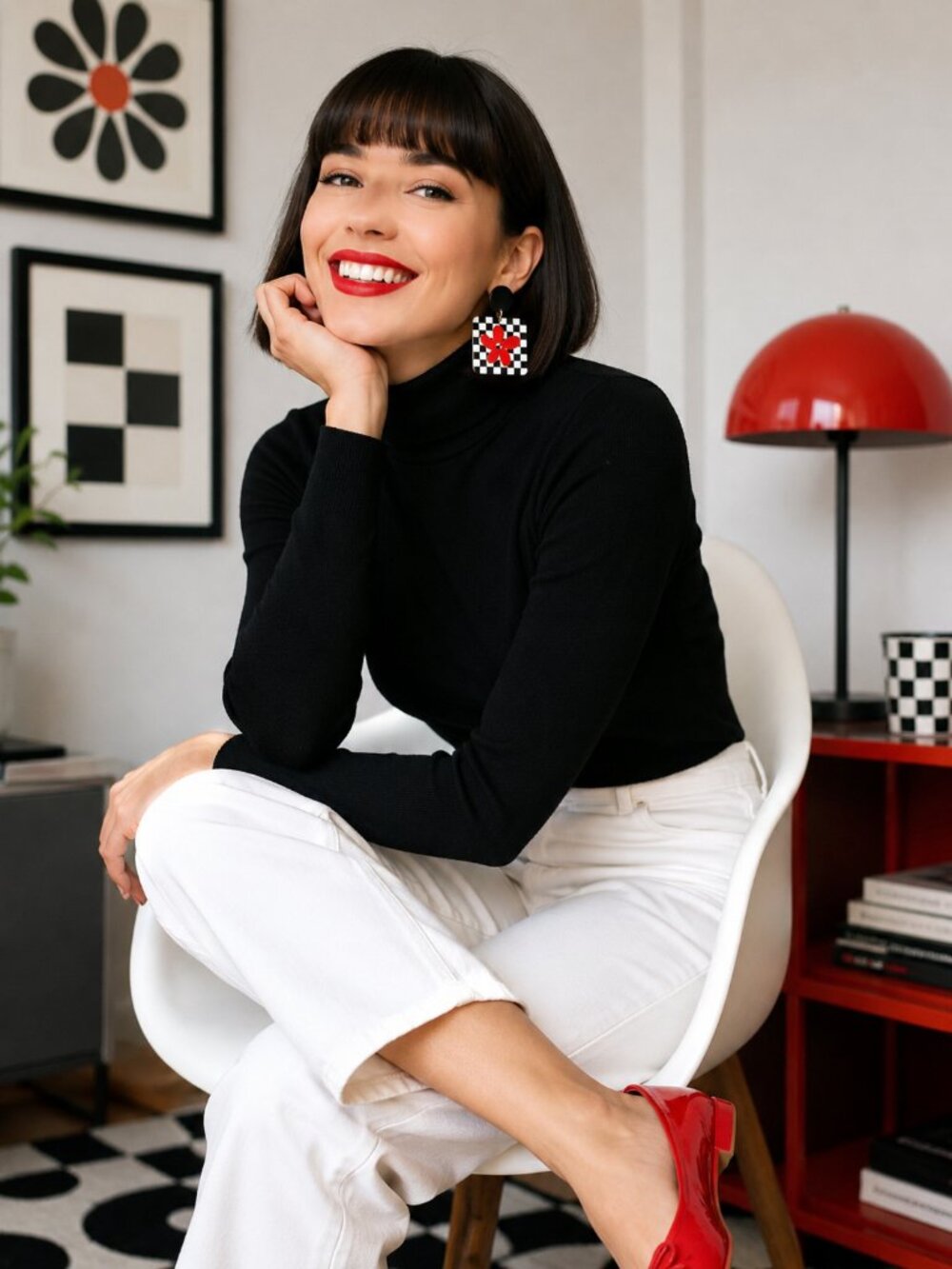 Retro Mod Checkerboard Flower Earrings Black White Red Kitschy Graphic Dangle - Picture 2 of 3